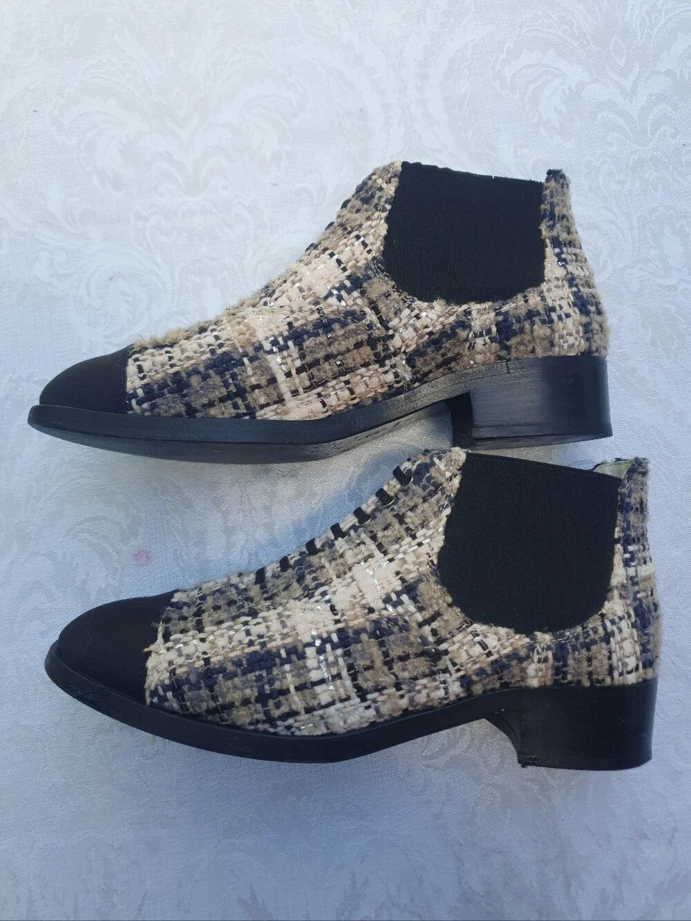 CHANEL Tweed Chelsea Ankle Leather Booties in Beige and Black Size 40 Made ITALY